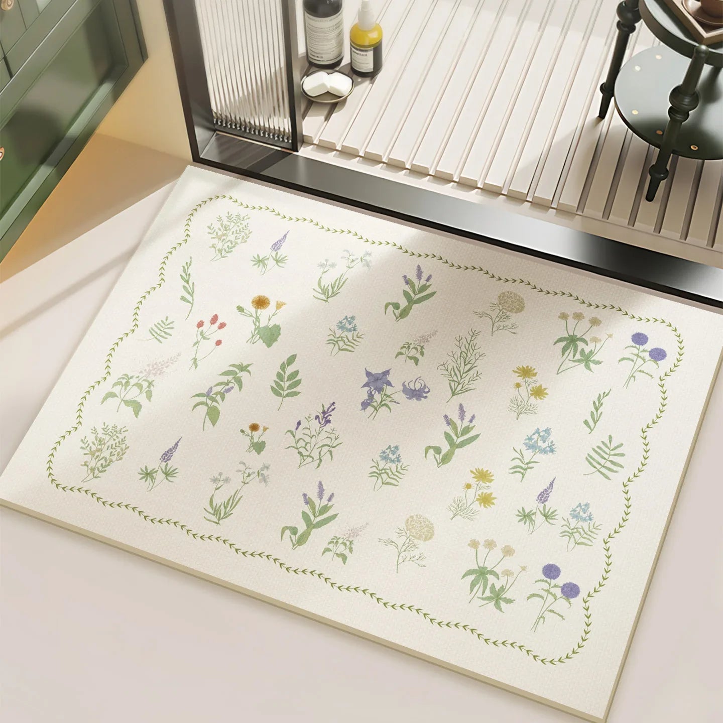 Fresh Floral Bath Mat Pastoral Garden Style Bathroom Rug Super Absorbent PVC Non-Slip Floor Mat Aesthetic Flower Shower Pad