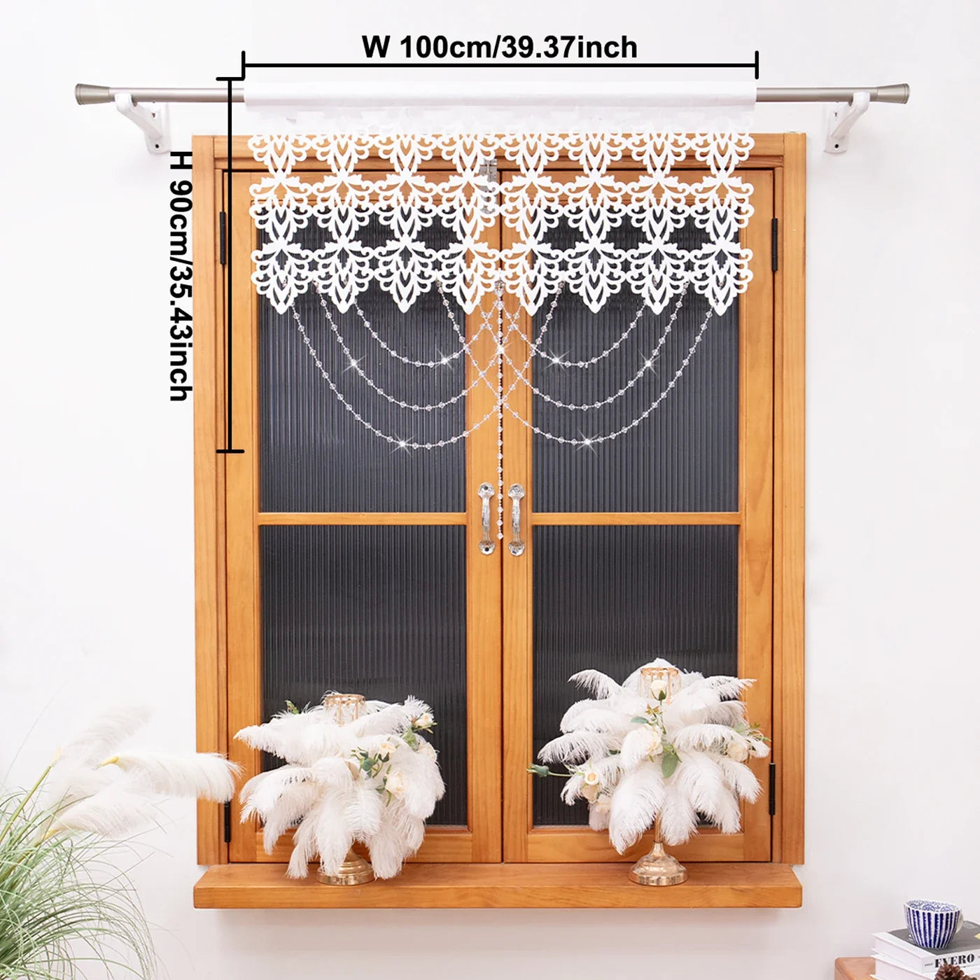 1PC Hollow Cut Lace Valance Curtain With Crystal Beads, Light Filtering Window Drape, For Kitchen Cafe, Sweet Housewarming Gift