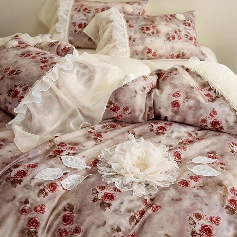 Vintage Rose Flowers Prints Lace Ruffles Lyocell Soft Silky Bedding Set Duvet Cover Bed Sheet/Fitted Sheet/Bed Skirt Pillowcases