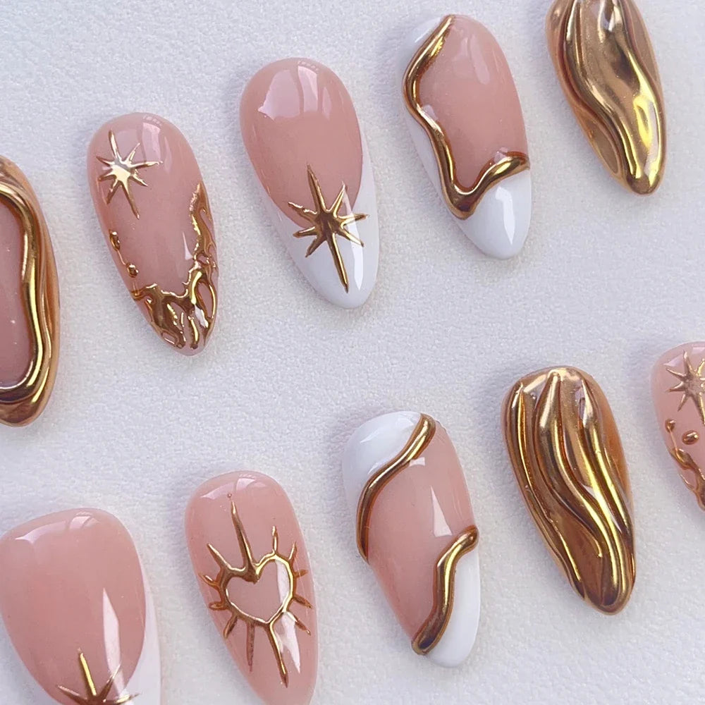 10pcs XS-S-M Size Luxury French Almond Press On Nails Metallic Gold Star Heart Wave Lines False Nails Reusable Acrylic Nail Tips
