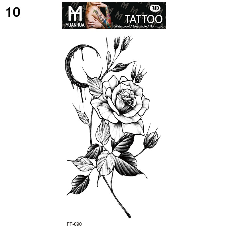 Sexy Black Flower Temporary Tattoos For Women Thigh Men Fake Moon Rose Compass Fake Tatoos Forearm Arm Sleeve Tattoo Stickers