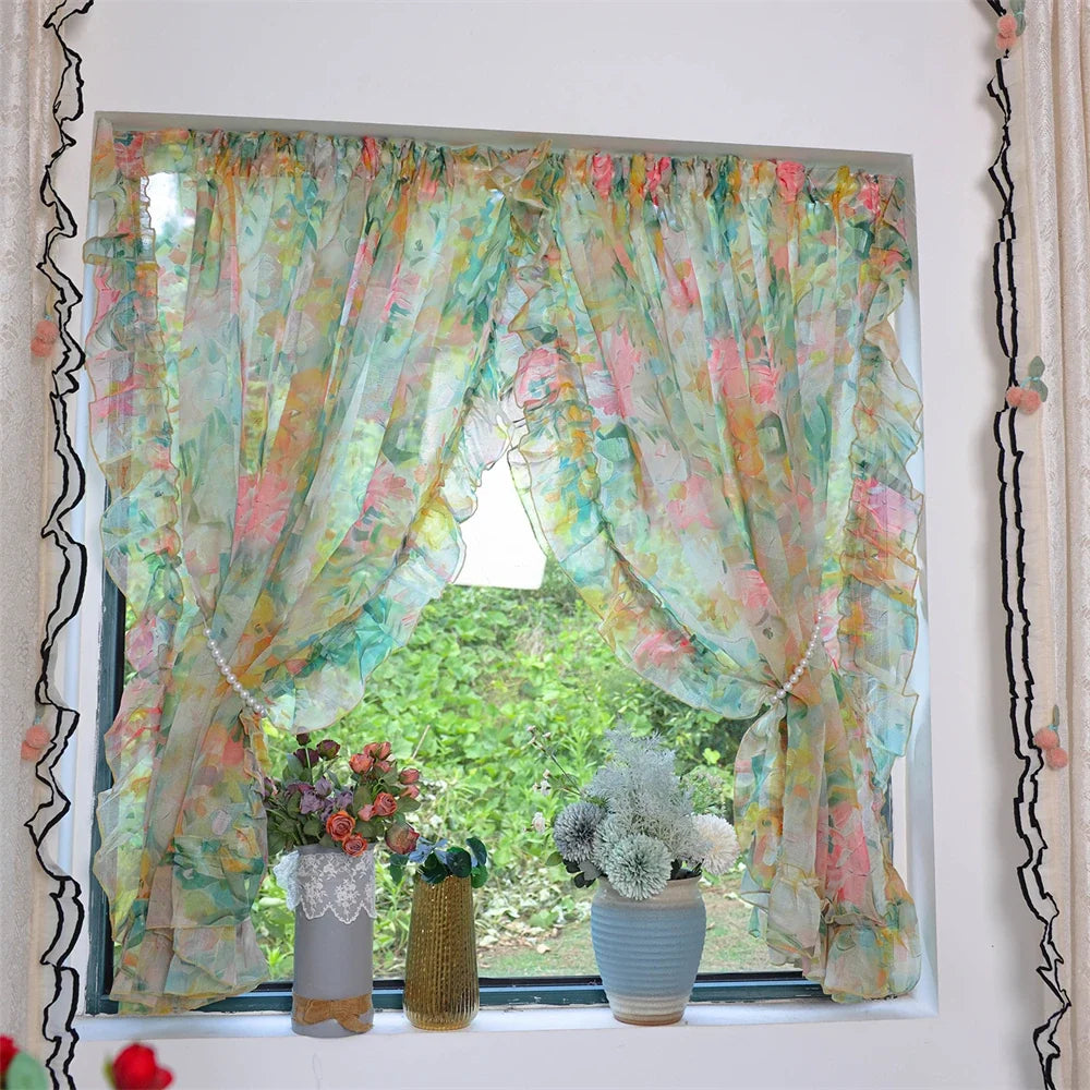 Retro Printing Curtain Art Living Room Gauze Curtain Velcro Curtain Ruffled Door Curtain Partition Punch-Free Customizable