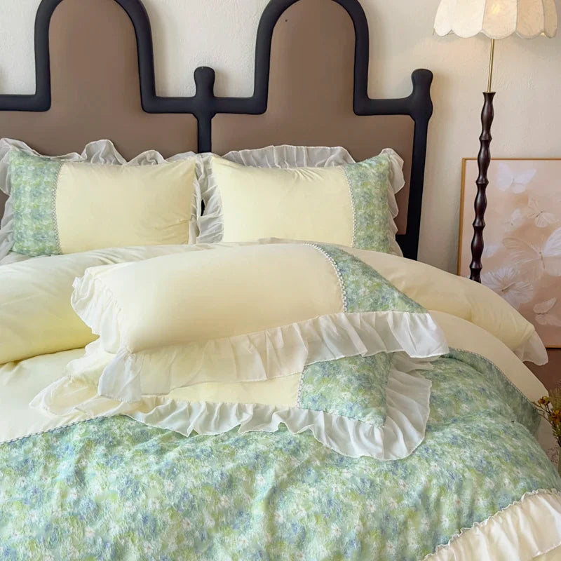 4Pcs Korean Princess Style Luxury Haute Couture Chiffon Lace Ruffle Queen/King Size Quilt Cover Bed Skirt Double Bedspreads