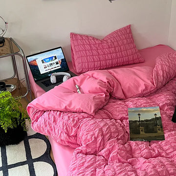 Simple Two-Tone Seersucker Bedding Set Super Soft Skin-Friendly Sheet Kit with Quilt Cover Nordic Solid Breathable Home Textile