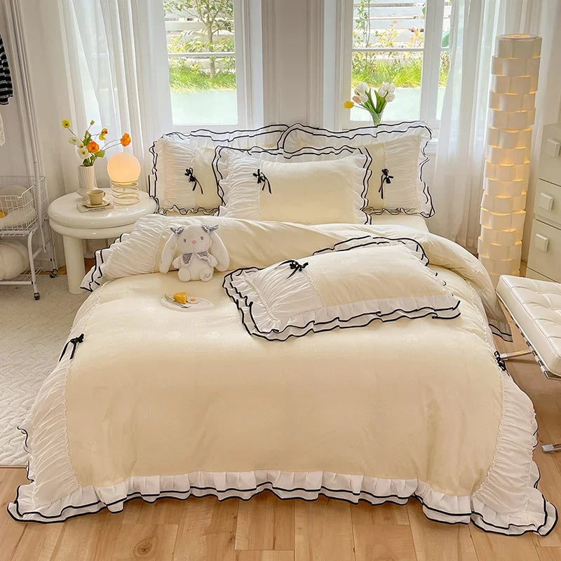 3/4Pcs Bedding Set Princess-Style Purple Bow Double-Layer Ruffles Duvet Cover Pillowcase Full-Size Queen Bed Sheet Set For Home