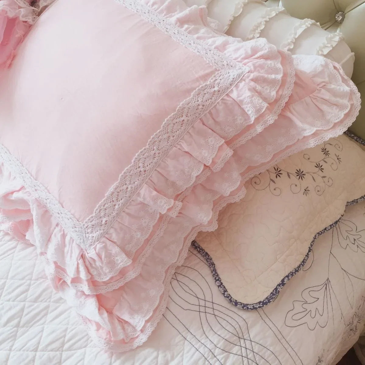Pink/White Princess Embroidered Cushion Cover Ruffle Lace Cotton Pillow Cover Handmade Elegant Sofa Bedding Pillowcase 45X45cm