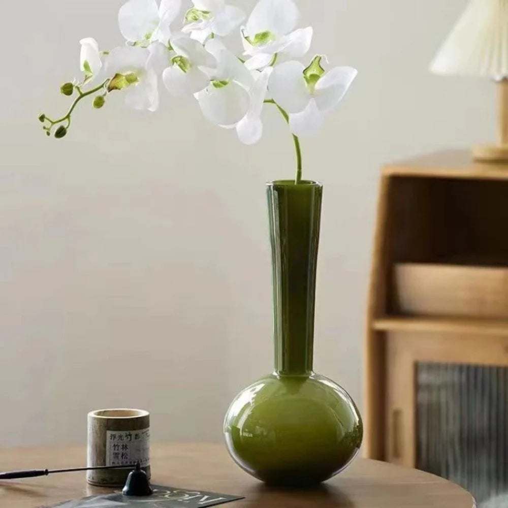 Modern Green Narrow Neck Glass Vase Floral Arrangements Bottle Minimalist Office Table Centerpiece Decor Home Aesthetic