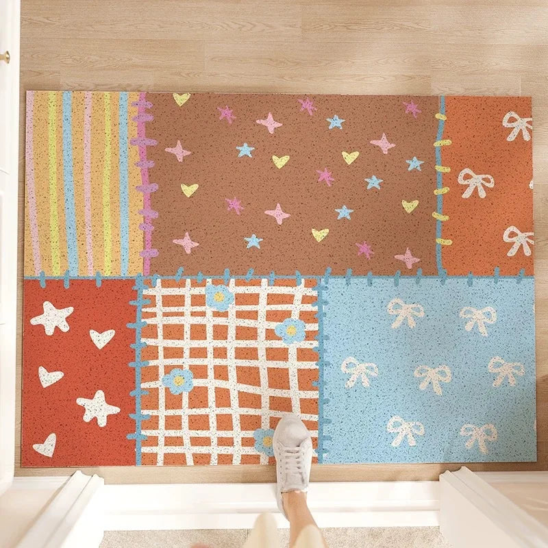 Pastel Cute Patchwork Pattern Wire Loop Mat Wear-Resistant Non-Slip Household Entrance Door Floor Mat