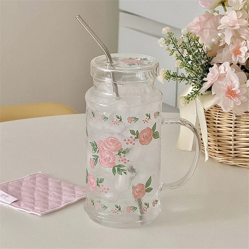 French Style Glass Suction Tube Cup Elegant Pink Rose Large Capacity Juice Drink Cup Girl Outdoor Office Cold Summer Drinks Cup