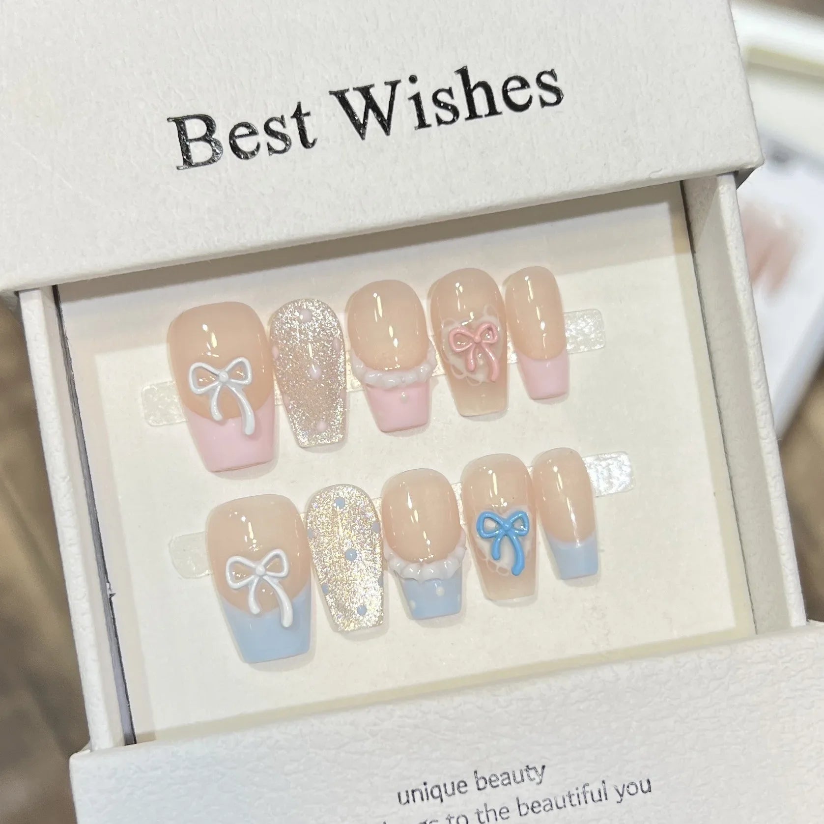 10Pcs Purple Cat Eye Coffin Press on Nails Silver French Fake Nails Plaid Polka Dot Nail 3D Bowknot Star Rhinestone False Nails