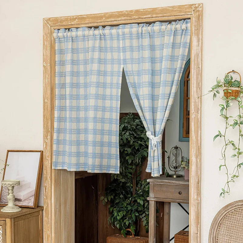 Blue And White Plaid Door Curtain Partition Curtain Bedroom op Commercial Bloing Curtain Semi Curtain No Punching Batoo...
