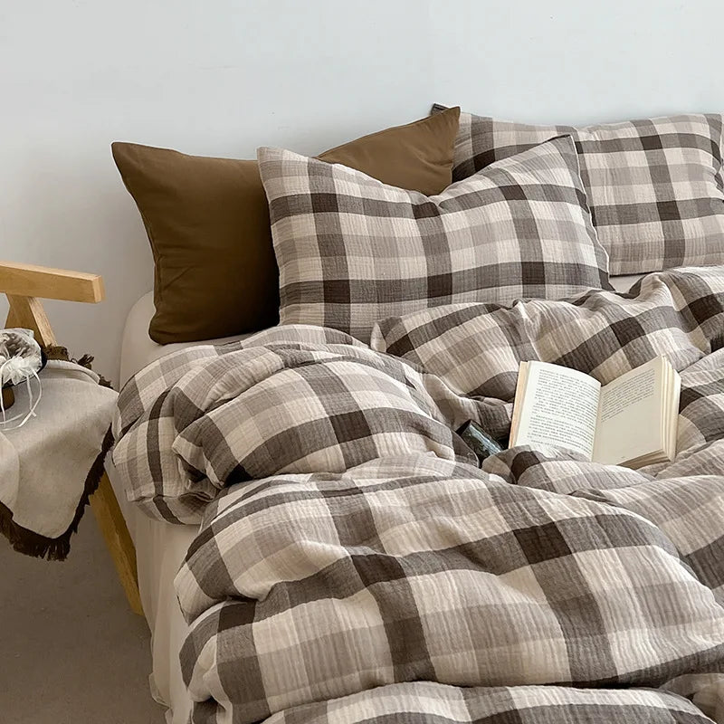 Nordic Simple Stripe Printed Bedding Sets Soft Washed Cotton Skin Friendly Duvet Cover Kit Cozy Bedclothes for Summer and Autumn