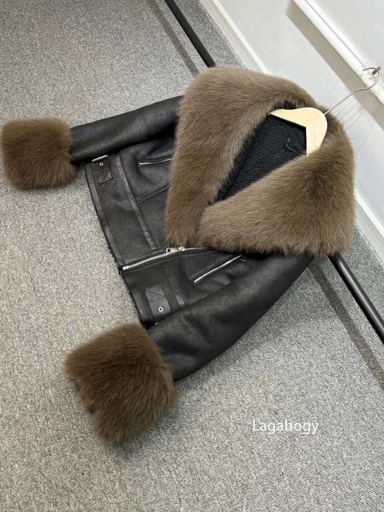 Women Faux Fur Collar Street Style Leather Jacket