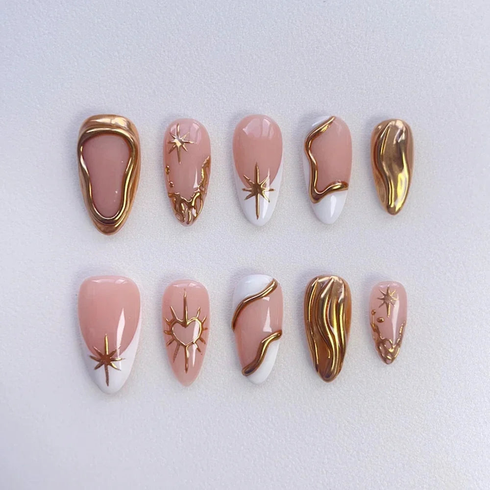 10pcs XS-S-M Size Luxury French Almond Press On Nails Metallic Gold Star Heart Wave Lines False Nails Reusable Acrylic Nail Tips