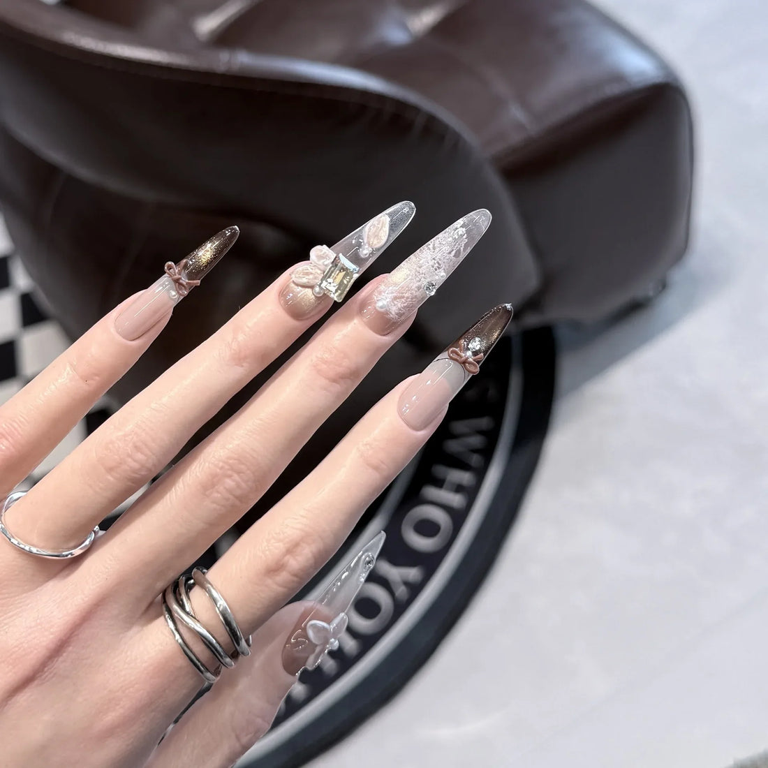 10pcs French Bowknot Fake Nails Glitter Diamond Stick on Nails Long Stiletto False Nails Mini Flowers Nail Tip Cat Eye Nail Art