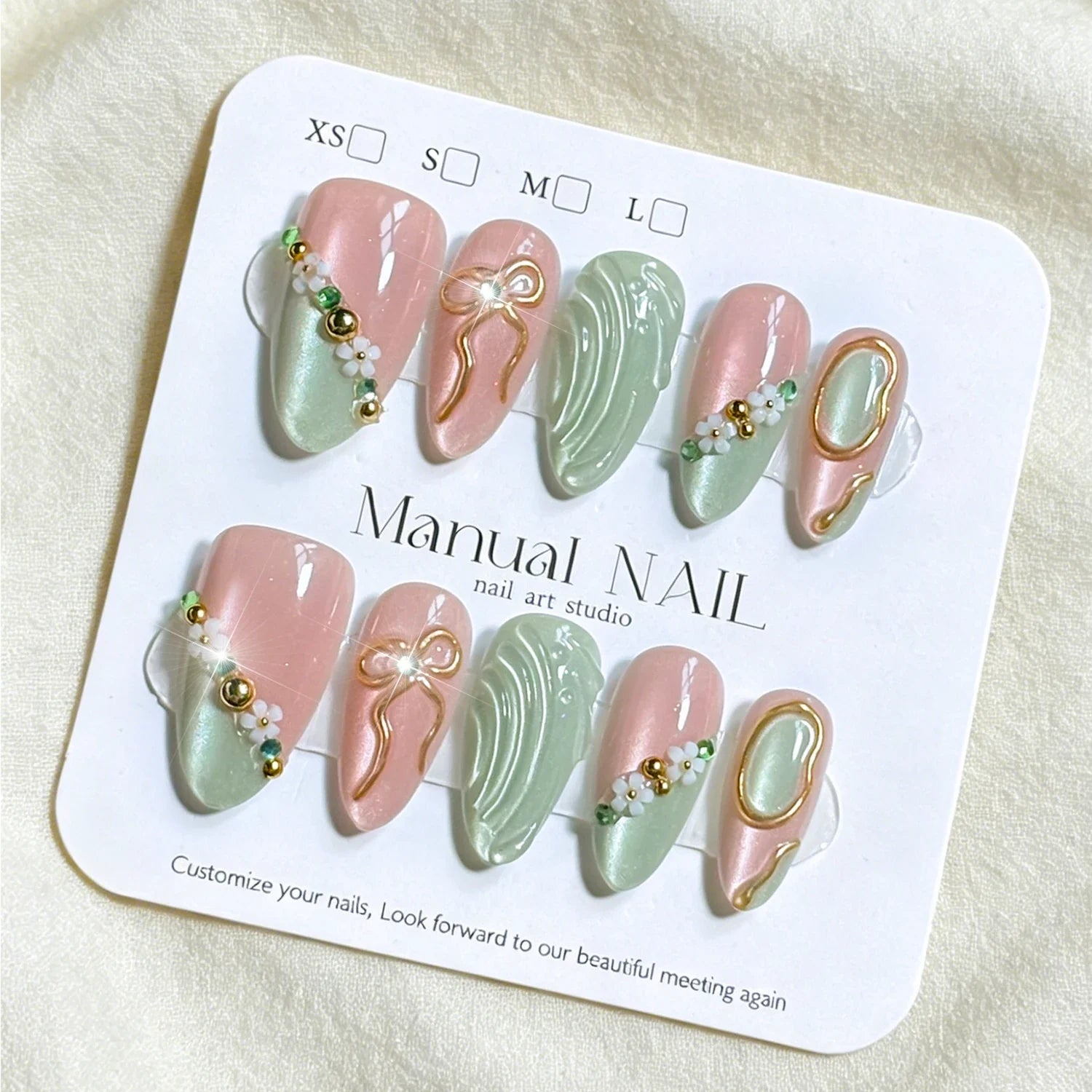 10pcs Pink Green Cat Eye Almomd Press On Nails 3D Gold Bow Bead Mini Flower Gradient False Nail Tips Full Cover Nail Extensions