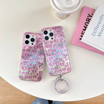 Iridescent Pink Holographic Leopard Print with Wrist Chain Trendy Phone Case for iPhone 16 15 14 13 Pro Max Back Cover Capa