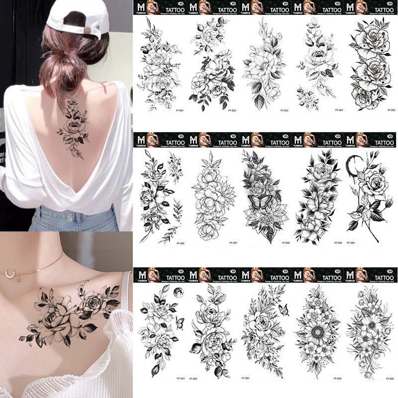 Sexy Black Flower Temporary Tattoos For Women Thigh Men Fake Moon Rose Compass Fake Tatoos Forearm Arm Sleeve Tattoo Stickers