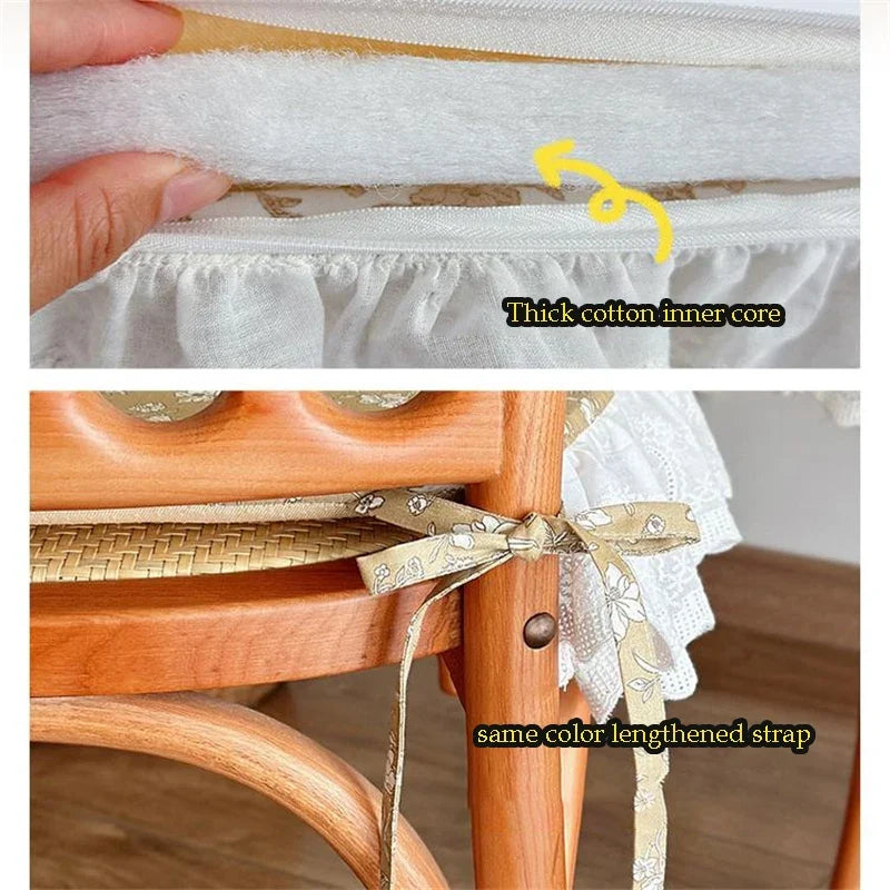 French Dining Chair Cushion Vintage Ruffled Strap Seat Cover Korean Style Floral Office Seat Cushion Removable and Washable