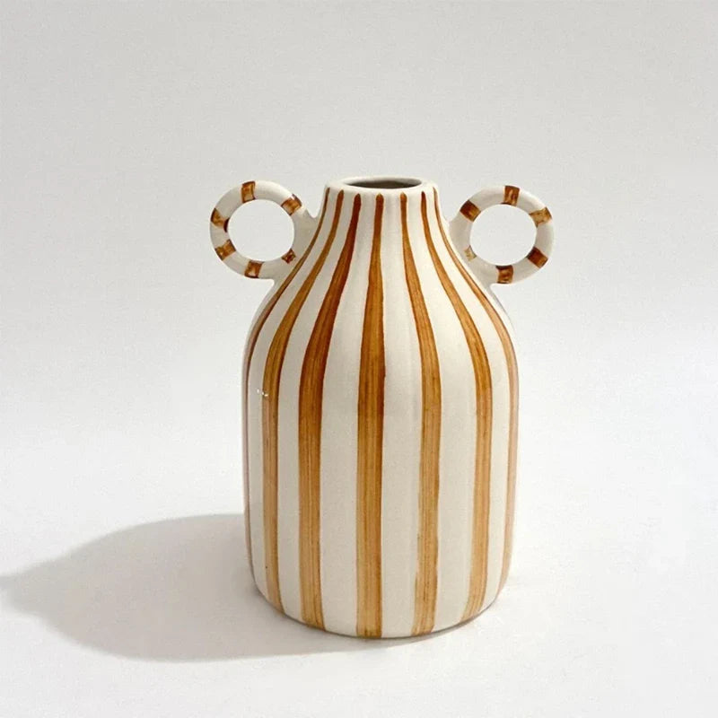 Blue and White Ceramic Vase with Handle, Nordic Boho Small Vases Side Table Flower Centerpiece, Wide Mouth Single Flower Vase