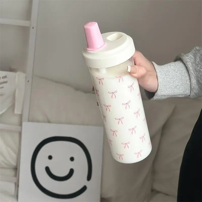 500/700ML Pink Bow Straw Water Bottle With Lid Cute Coffee Bubble Milk Tea Plastic Cup For Outdoor School Drinking Water