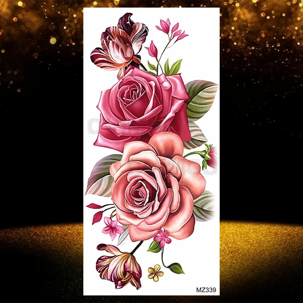 Realistic Black Rose Flower Temporary Tattoos Fake Waterproof Tatoo Body Art Arm Leg Floral Peony Bloosom Tattoo Stickers Makeup