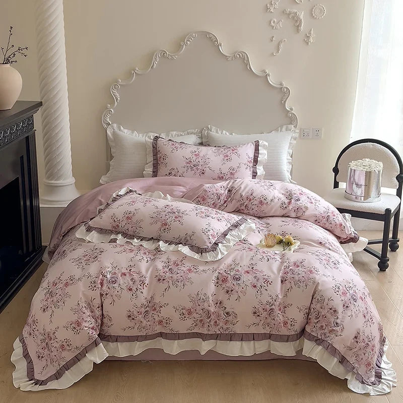 500TC Egyptian Cotton Vintage French Rose Flowers Print Ruffles Bedding Set Duvet Cover Flat/Fitted Bed Sheet Pillowcases 4Pcs