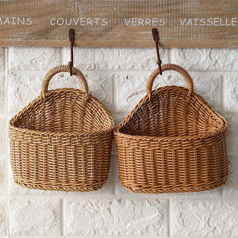 Kitchen Storage Basket,Home DecorImitation Rattan Hand-woven Hanging Baskets,Sundries Organizer Living Room Wall Hanging Basket