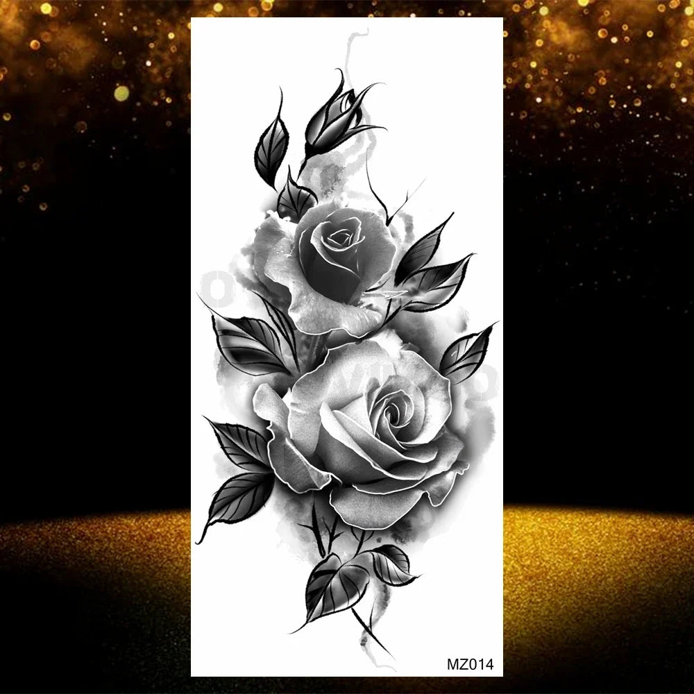 Realistic Black Rose Flower Temporary Tattoos Fake Waterproof Tatoo Body Art Arm Leg Floral Peony Bloosom Tattoo Stickers Makeup