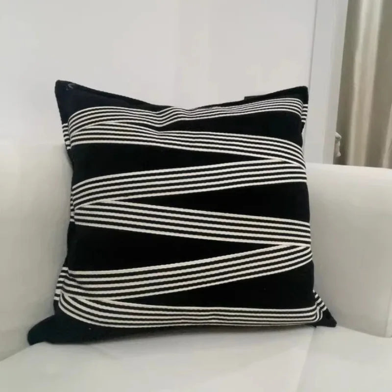 American Luxury Cotton Cushion Cover Geometric Striped Black Thickened Sofa Throw Pillow Cover Decorative Living Room Home Decor