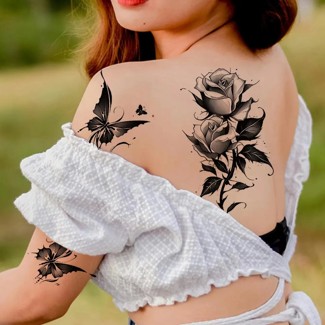 2 Sheets Waterproof Temporary Tattoo Sticker Butterfly Flower Rose Fake Tatto Flash Tatoo Shin For Girl Women Body Art Tattoos