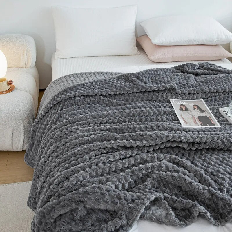 Solid Plaid Bed Blanket Autumn Winter Soft Warm Fluffy Throw Blanket Sofa Coral Fleece Bedspread On Bed For Adults Kids Blankets