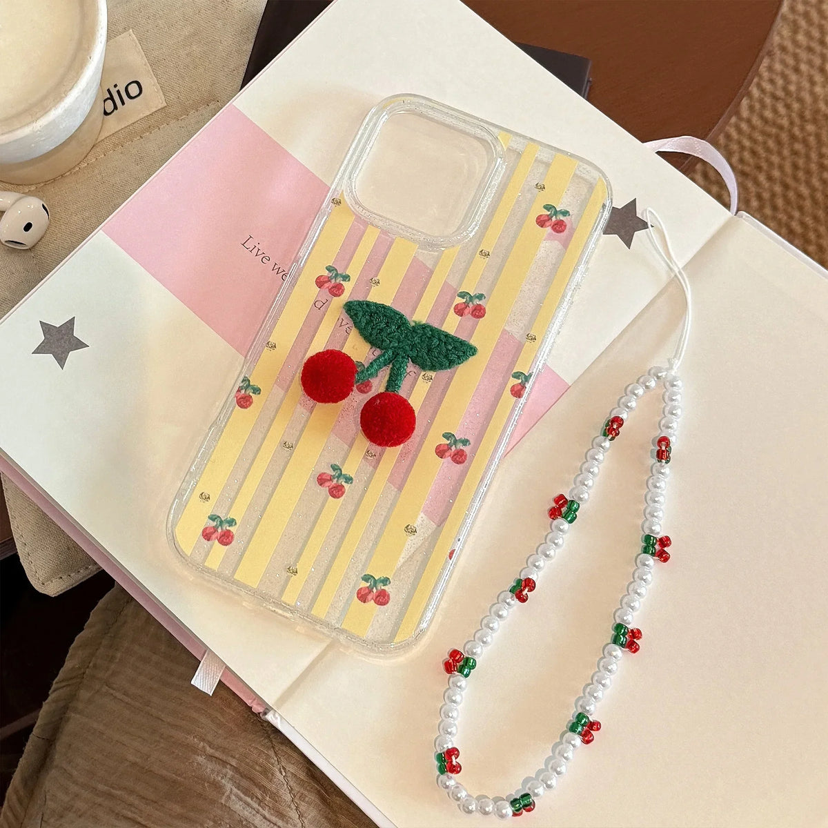 Korean Striped Glitter 3D Cherry Soft Phone Case With Lanyard For iPhone 16 15 14 12 13 11 Pro Max Shockproof Protective Cover