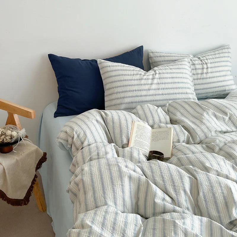 Nordic Simple Stripe Printed Bedding Sets Soft Washed Cotton Skin Friendly Duvet Cover Kit Cozy Bedclothes for Summer and Autumn