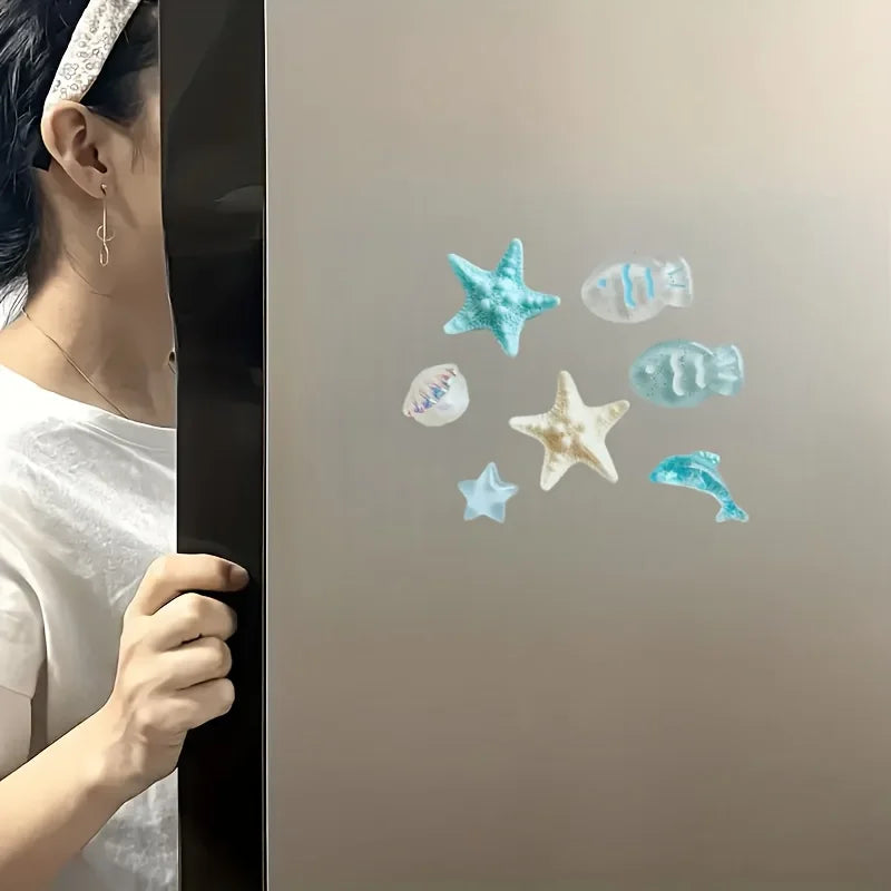 7pcs Geometric Starfish Shell Fish Dolphin Resin Fridge Magnets - Cute Ocean-Themed Decor for Kitchen, Office