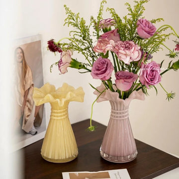 Modern Pastel Pink Yellow Glass Vase Wavy Ruffled Mouth Floral Vase for Living Room Kitchen Table Home Display Ornament