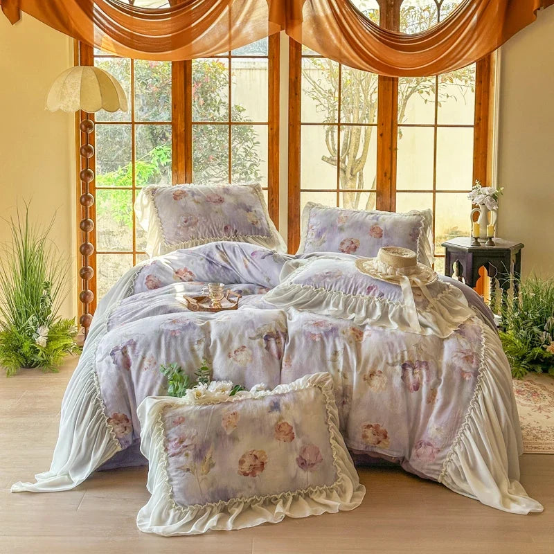 100% Cotton Double-layer yarn Bedding Set Vintage Chic Flowers Wide Chiffon Ruffle Edge Duvet cover Bed Sheet Pillowcases 4Pcs