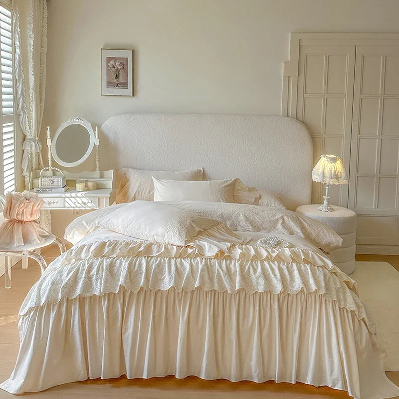 Luxury Princess Style Pink 100% Cotton Bedding Set Ruffles Bed Cover Set Soft Comforter Cover Set Bed Sheet Pillowcases 4Pcs