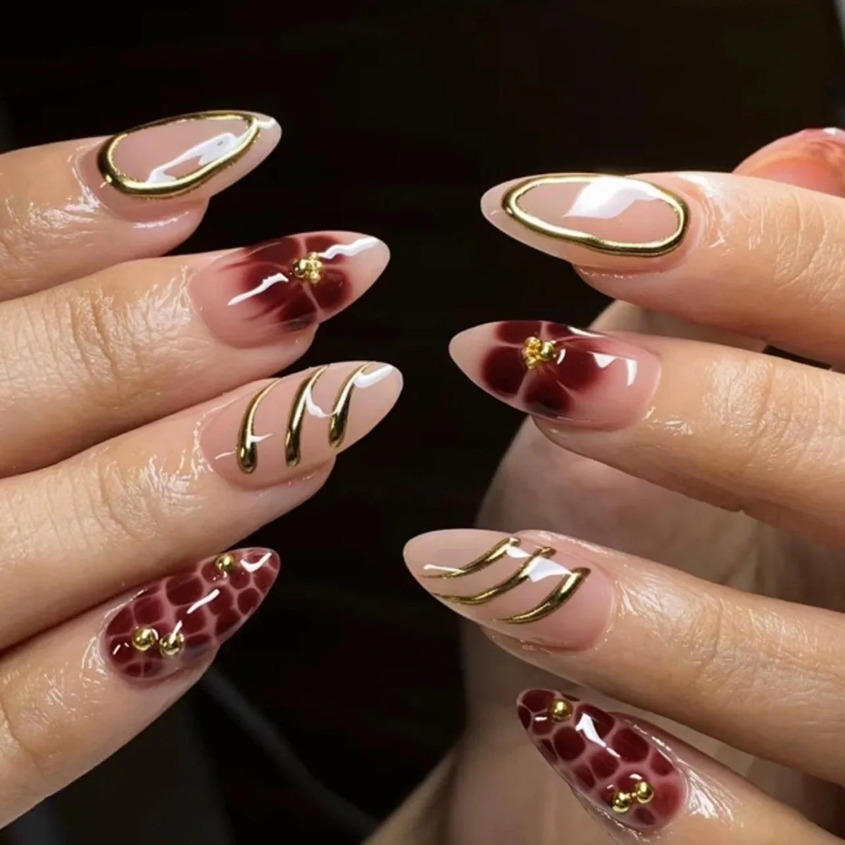 24Pcs Zebra Stripe Press on Nails Dark Brown with Gold Beads Fake Nails Almond Shape Nail Art French Style False Nails for Fall