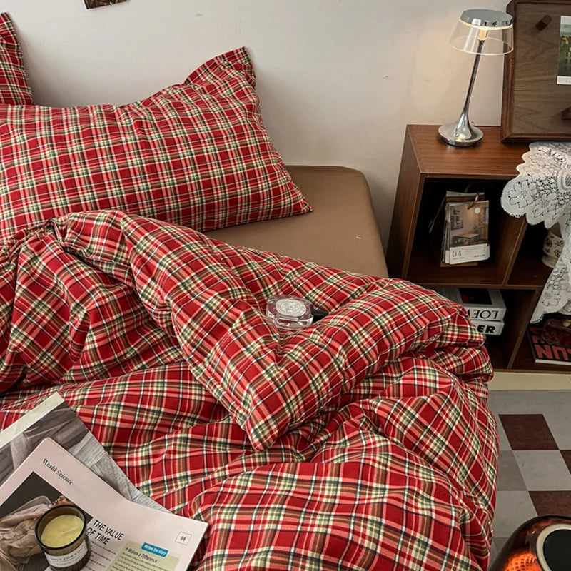 Vintage Geometric Plaid Printing Bedding Sets Nordic Soft Bedclothes for Four Seasons Skin-Friendly Quilt Cover Sheet Pillowcase