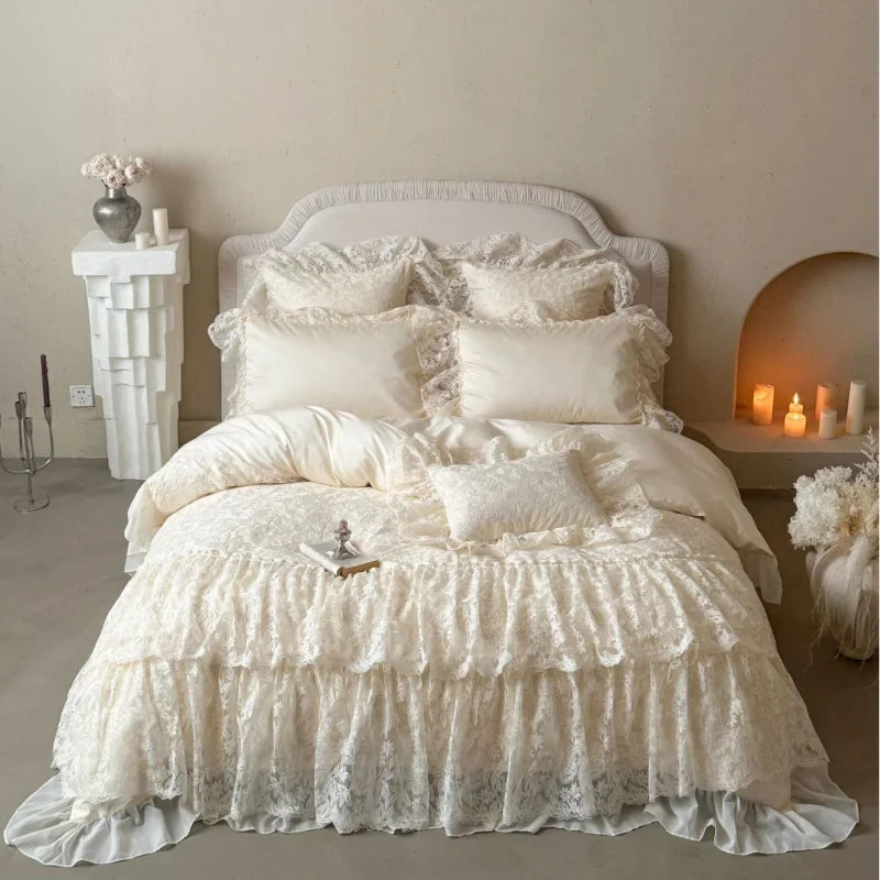 French Princess Bedding Set 4PCS Luxury All Cotton Lace Duvet Cover Set with Quilted Bedspread, Elegant Bedding Queen King Size