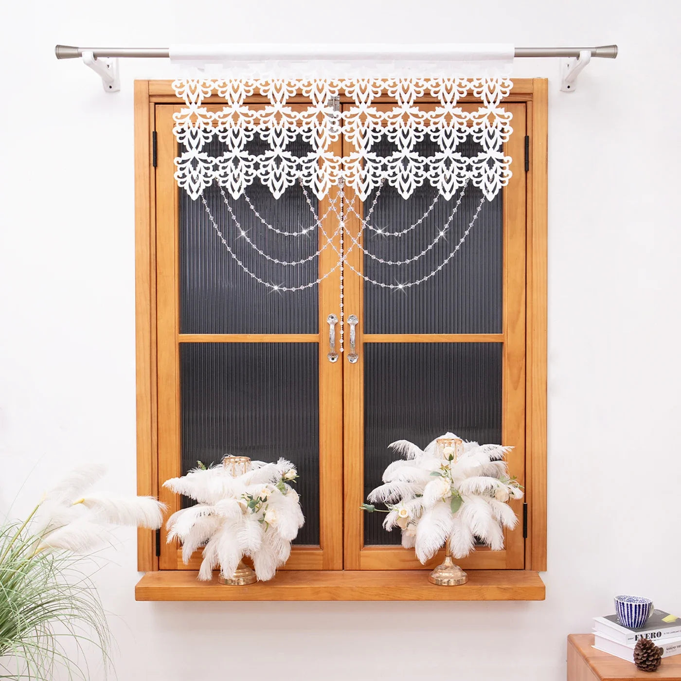 1PC Hollow Cut Lace Valance Curtain With Crystal Beads, Light Filtering Window Drape, For Kitchen Cafe, Sweet Housewarming Gift