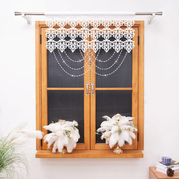 1PC Hollow Cut Lace Valance Curtain With Crystal Beads, Light Filtering Window Drape, For Kitchen Cafe, Sweet Housewarming Gift