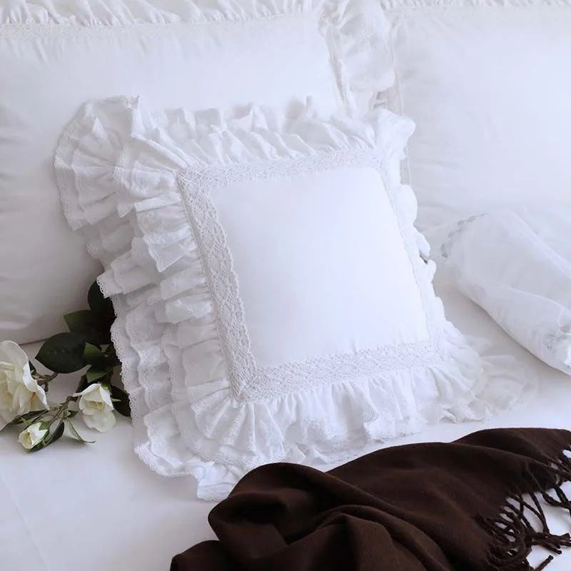 Pink/White Princess Embroidered Cushion Cover Ruffle Lace Cotton Pillow Cover Handmade Elegant Sofa Bedding Pillowcase 45X45cm