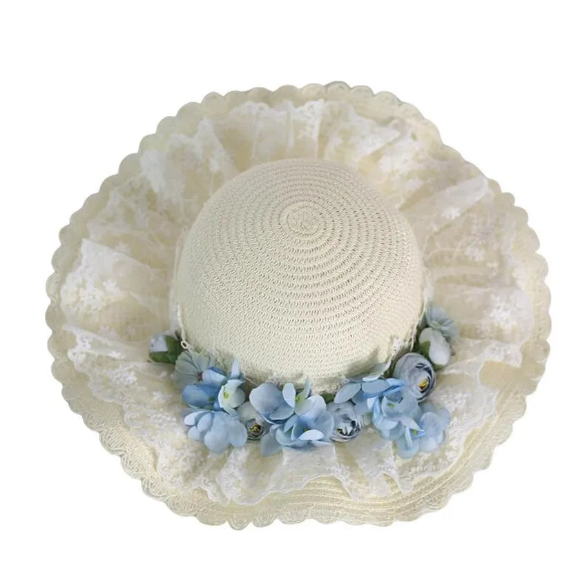 Mori Girl Flower Lace Ribbon Lolita Straw Hat Elegant Princess Lolita Flat Cap Sun Beach Cap