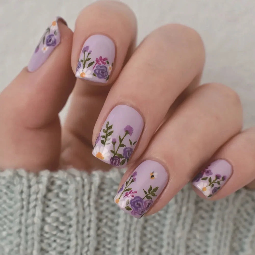 24pcs Sweet Cool False Nails Gradient French Fake Nail Tips with Purple Flowers Design Short Square Press on Nails Colorful Nail