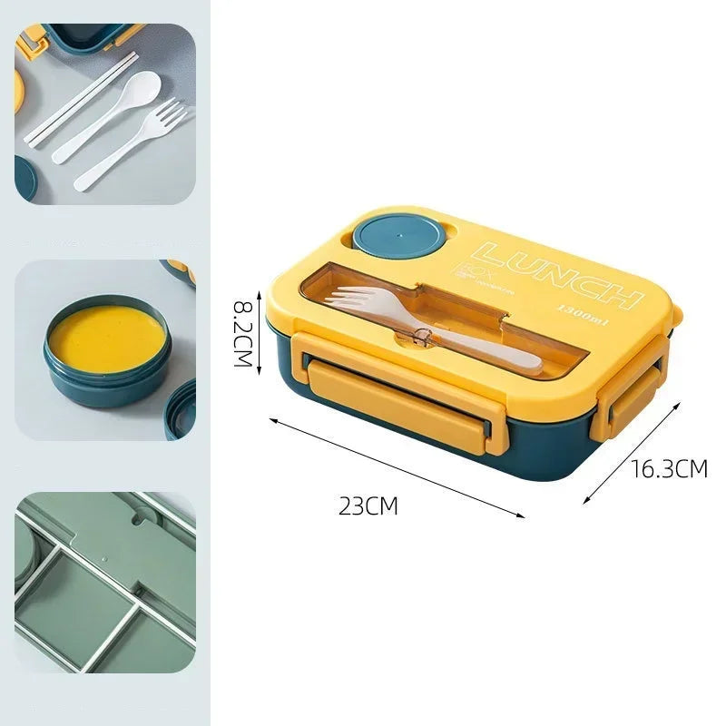 Student and office worker-friendly compartmentalized lunch box with fork and spoon, suitable for microwave use
