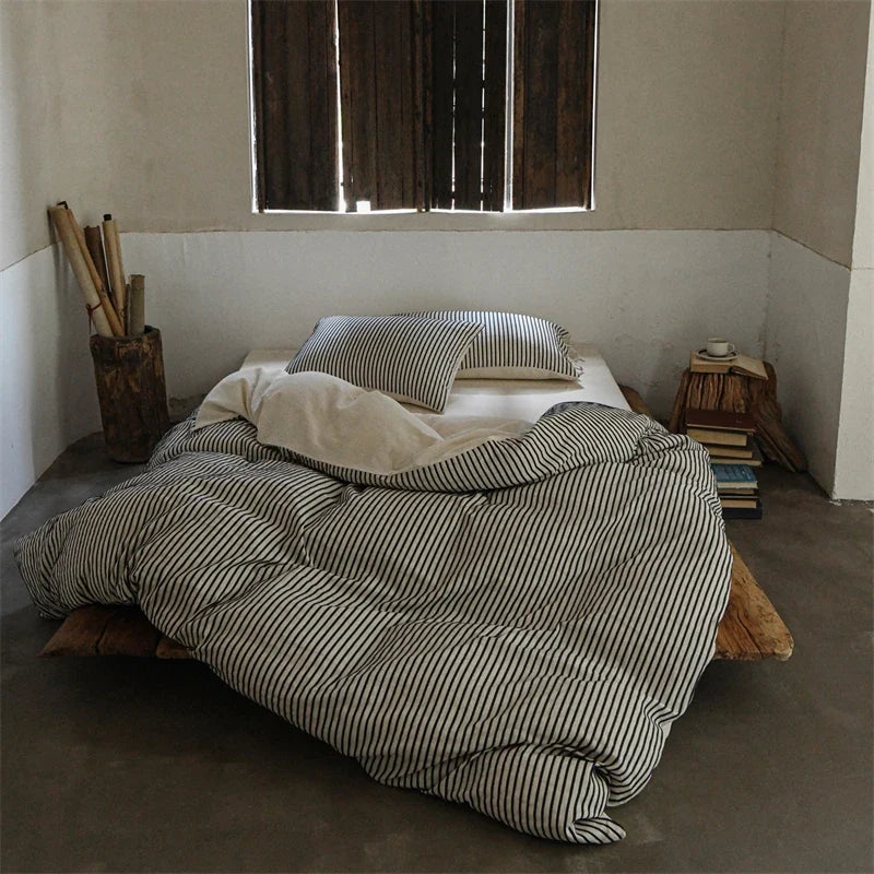 Linen Cotton Simple Stripes Jacquard Nordic Style Bedding Set Single Double Queen King Duvet Cover Flat Sheet Pillowcase