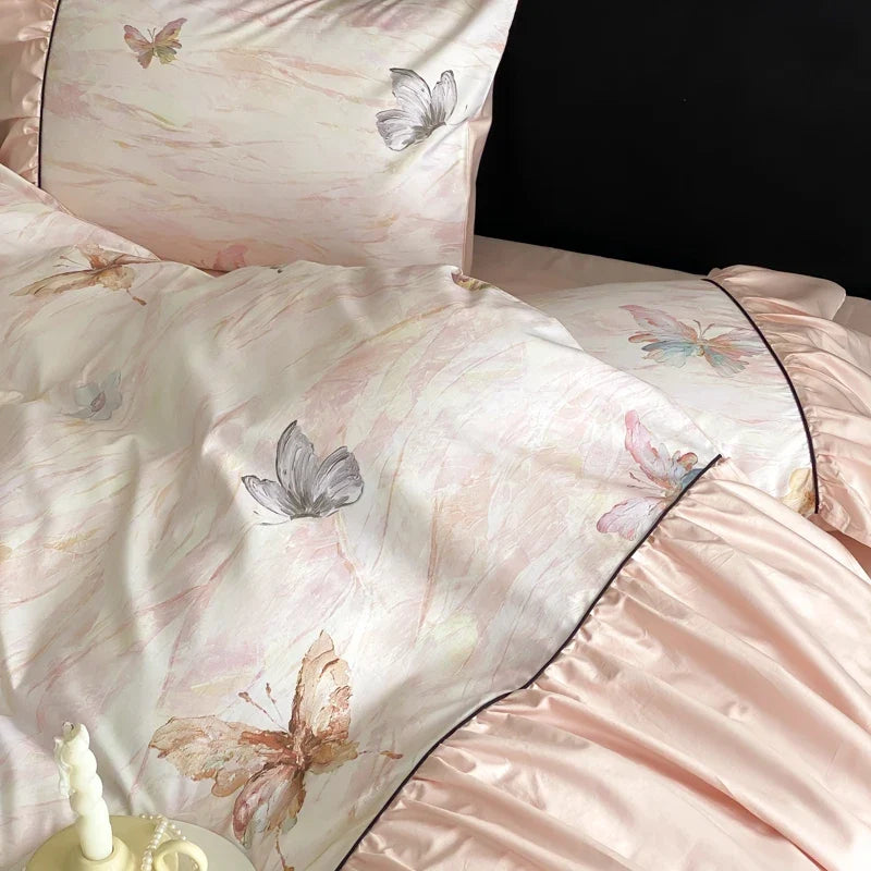 600TC Egyptian Cotton Pink Butterfly Print Pleated Ruffles Bedding Set Duvet Cover Bed Sheet/Fitted Bed Sheet Pillowcases 4Pcs
