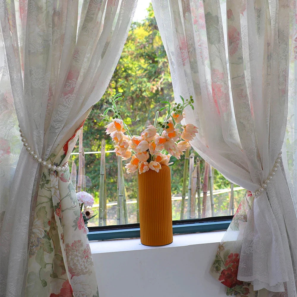 French Cream Style Non Perforated Short Curtain Bedroom Custom Curtains Embroidered Flower Lotus Leaf Edge+Hairball Curtains